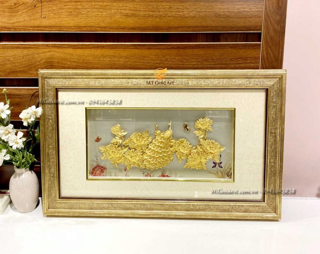 Tranh Đôi Chim công và Hoa mẫu đơn (40x65cm) Quà tặng kỷ niệm ngày cưới ý nghĩa- tranh đôi chim công dát vàng