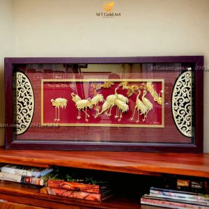 Tranh tùng hạc diên niên dát vàng (42x81cm) tranh tung hac hien dien qua tang mung tho y nghia cao cap