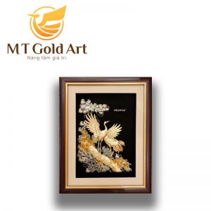 Tranh tùng hạc diên niên dát vàng (27x34cm) tung hac den