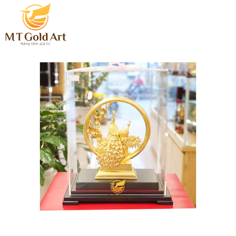 Tượng chim công và hoa mẫu đơn dát vàng – Mẫu 1 (21x14x28cm) Tượng Đôi Chim Công Dát Vàng- Quà cưới cao cấp, ý nghĩa