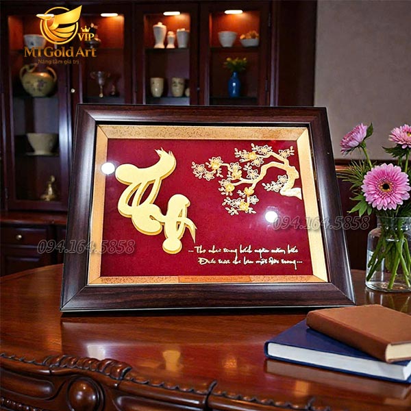 Quà mừng cố thượng thượng thọ- tranh chữ thọ hoa đào dát vàng