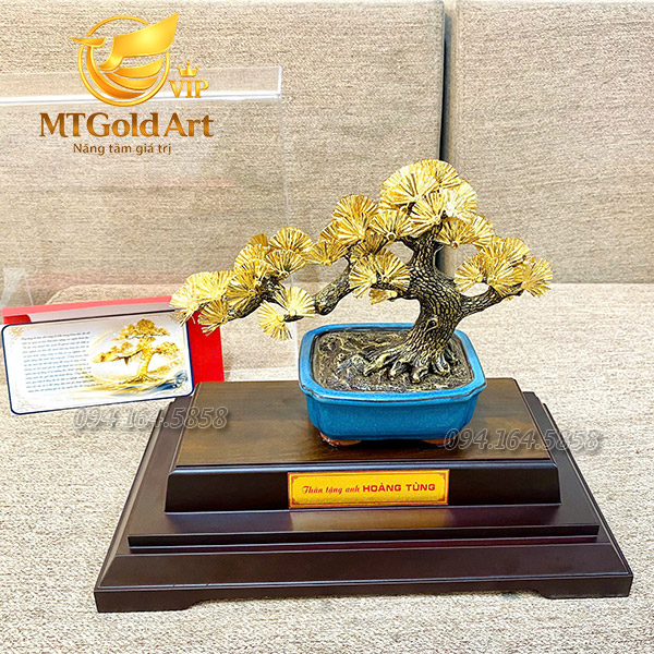 Quà tặng đối tác thăng chữ anh Hoàng Tùng- chậu cây tùng la hán dát vàng