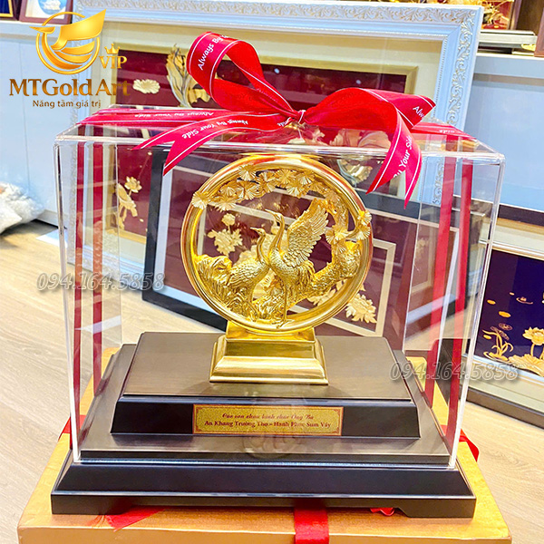 Quà tặng mừng thọ ông bà- tượng tùng hạc diên niên dát vàng mtgoldart