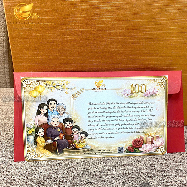 Thiệp mừng đại thoh mẹ 100 tuổi kèm theo quà tặng mt gold art