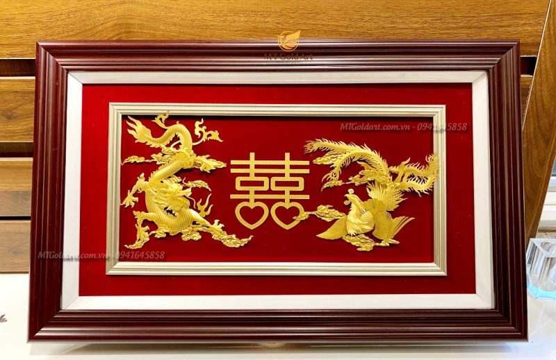 Quà cưới ý nghĩa- tranh long phụng sum vầy dát vàng 24k