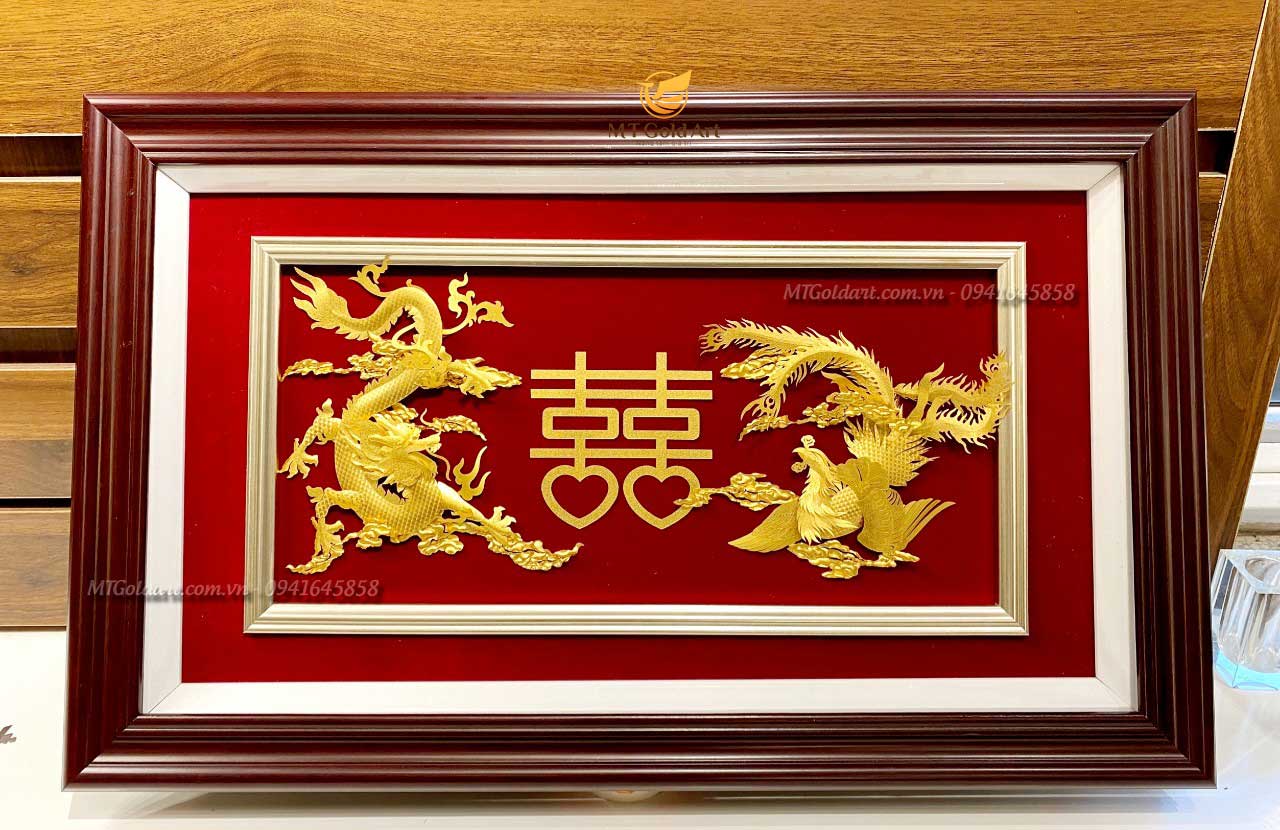 Quà tặng kỷ niệm ngày cưới ý nghĩa- tranh long phụng dát vàng 24k