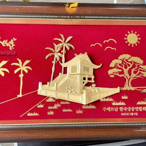 quà đối ngoại tặng đối tác Hàn Quốc- tranh chùa một cột dát vàng