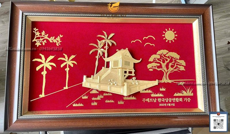 quà đối ngoại tặng đối tác Hàn Quốc- tranh chùa một cột dát vàng