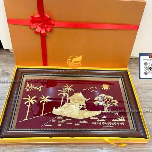 quà đối ngoại tặng đối tác Hàn Quốc- tranh chùa một cột dát vàng