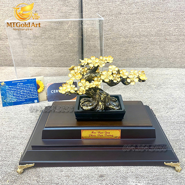 Quà tặng đối ngoại cao cấp- chậu hoa mai ngũ phúc dát vàng