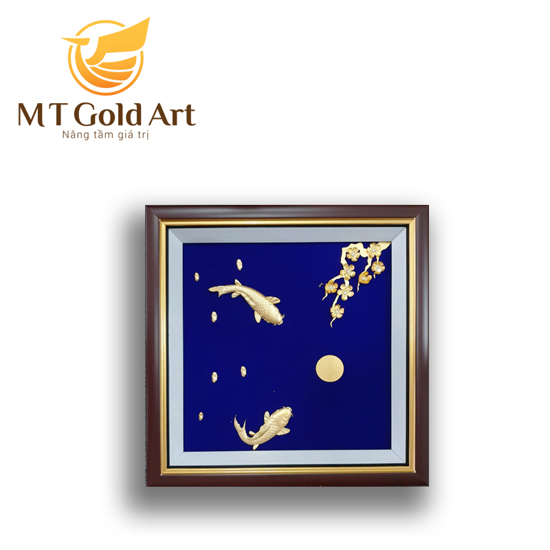 Tranh cá chép hoa mai dát vàng 24k (30x30cm) Tranh cá chép hoa mai- Quà tặng cao cấp, ý nghĩa