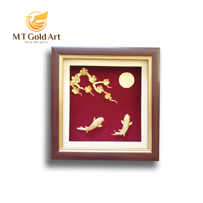 Tranh cá chép hoa mai dát vàng 24k (30x30cm) Tranh cá chép hoa mai- Quà tặng cao cấp, ý nghĩa