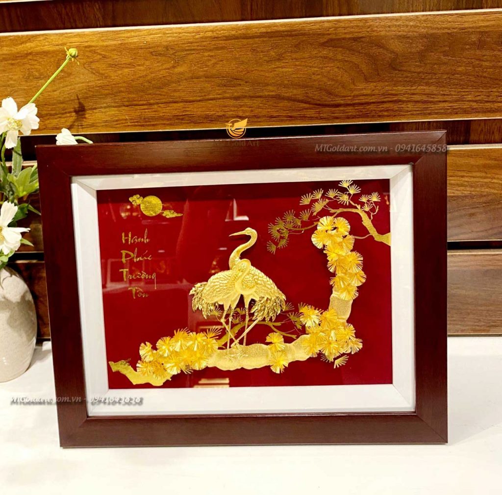 Tranh tùng hạc diên niên – Quà cưới, quà mừng thọ cao cấp (25x32cm) Quà tặng kỷ niệm ngày cưới- tranh tùng hạc hiên diên