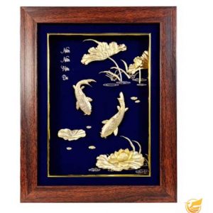 Tranh Cá Chép Hoa Sen dát Vàng(27×34cm) tranh ca chep hoa sen 2734 nen xanh qua tang cao cap