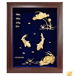 Tranh Cá Chép Hoa Sen dát Vàng(27×34cm) tranh ca chep hoa sen 2734 nen xanh qua tang cao cap2