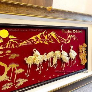 Tranh tùng hạc diên niên dát vàng 24k (50x90cm) qua tang mung tho cao cap tranh tung hac hien dien dat vang