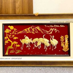 Tranh tùng hạc diên niên dát vàng 24k (50x90cm) qua tang mung tho y nghia tranh tung hac hien dien dat vang1