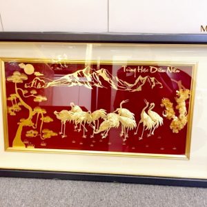 Tranh tùng hạc diên niên dát vàng 24k (50x90cm) tranh tung hac dien nien qua tang tan gia khanh thanh chuc tho