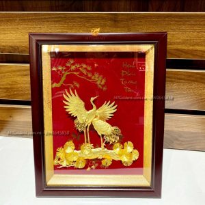 Tranh tùng hạc diên niên dát vàng (27x34cm) tranh tung hac dang dung qua tang ky niem ngay cuoi cao cap