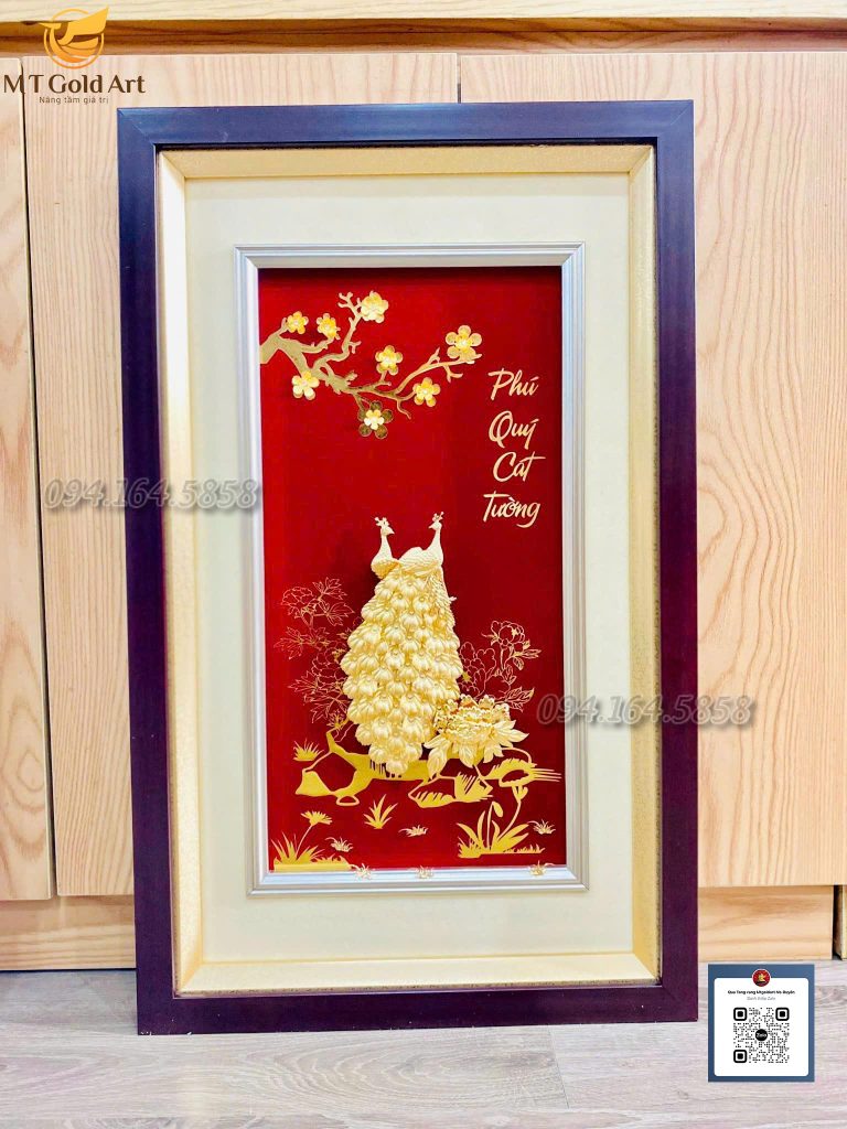 Quà cưới cao cấp- tranh đôi chim công hoa mẫu đơn dát vàng