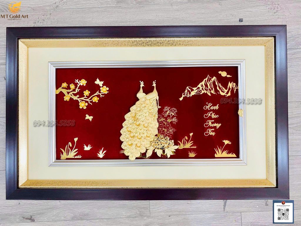 Quà cưới cao cấp- tranh đôi chim công hoa mẫu đơn dát vàng
