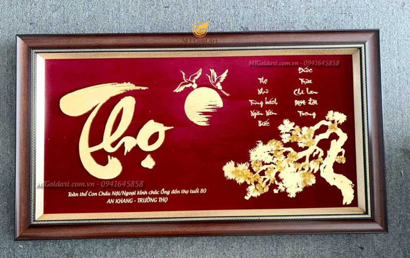 quà tăng mừng thọ 80 tuổi- tranh chữ thọ dát vàng