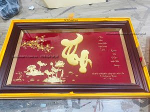 quà tặng thượng thọ bác 90 tuổi- vợ chồng con trung kính tặng- tranh chữ thọ dát vàng
