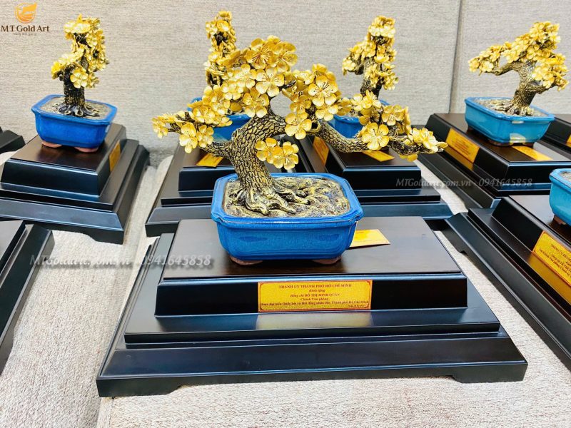 quà tết lãnh đạo- thành ủy Thành Phố HCM- chậu hoa mai ngũ phúc dát vàng