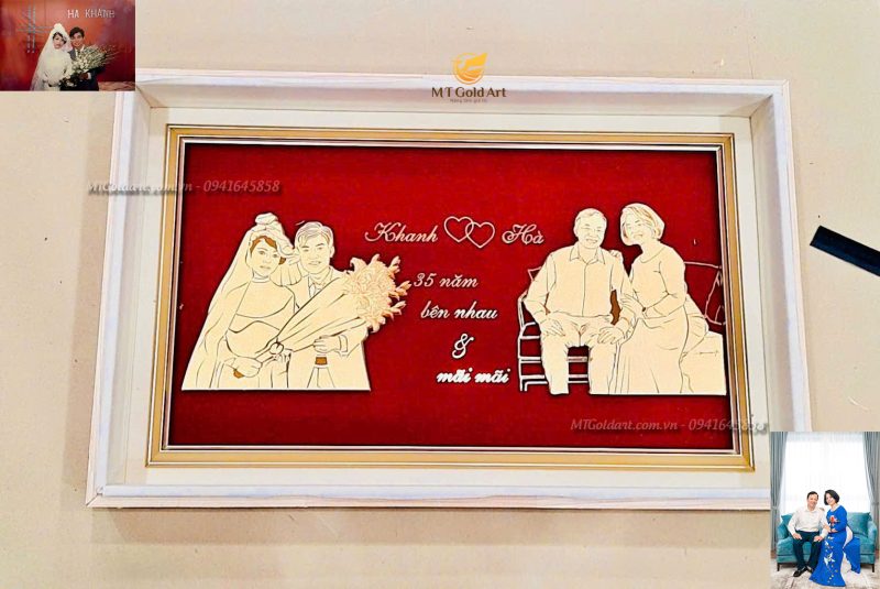 quà tặng kỷ niệm 35 năm ngày cưới- tranh cặp đối chân dung dát vàng