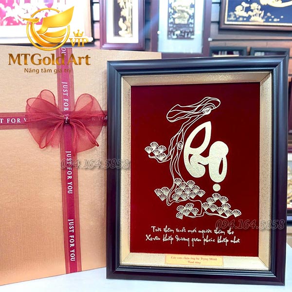 Quà mừng thọ - các con các cháu ông bà Trọng Minh kính tặng- tranh chữ thọ nhũ vàng