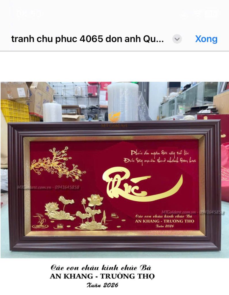 Bản thiết kế 3d gửi khách hàng duyệt- tranh chữ phúc hoa sen dát vàng- quà tặng mừng thọ Bà