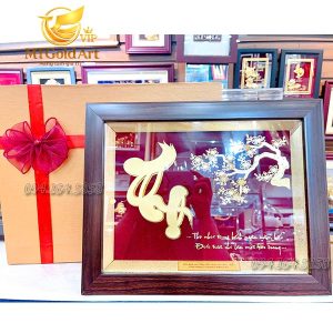 Quà mừng cố thượng thượng thọ- tranh chữ thọ hoa mai dát vàng