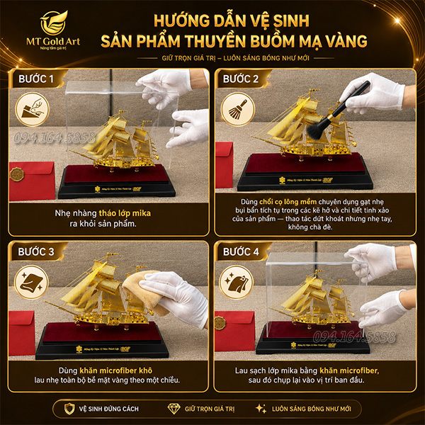 Hướng dẫn vệ sinh sản phẩm thuyền buồm mạ vàng tại quà vàng MT Gold Art