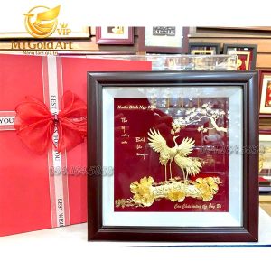 Quà mừng thọ ồng bà xuân 2026- tranh tùng hạc diên niên dát vàng