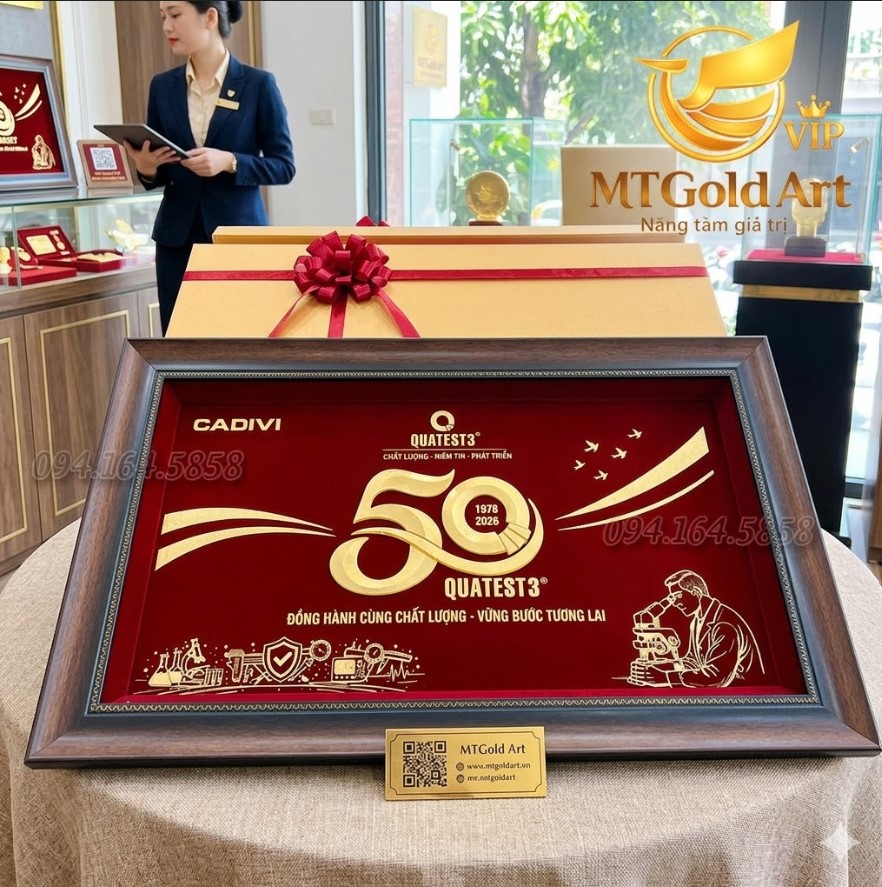 Quà kỷ niệm 50 năm thành lập QUATEST 3- CADIVI kính tặng- tranh dát vàng thiết kế theo yêu cầu